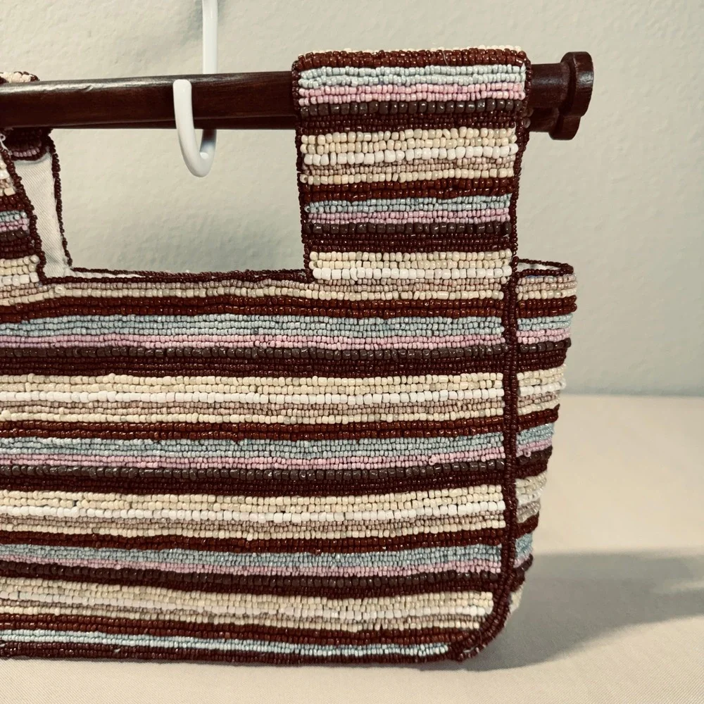 Antonio Melani Glass Bead Handbag Wood Handle Brown‎ Cream Blue Pink Summer Boho - Picture 11 of 16